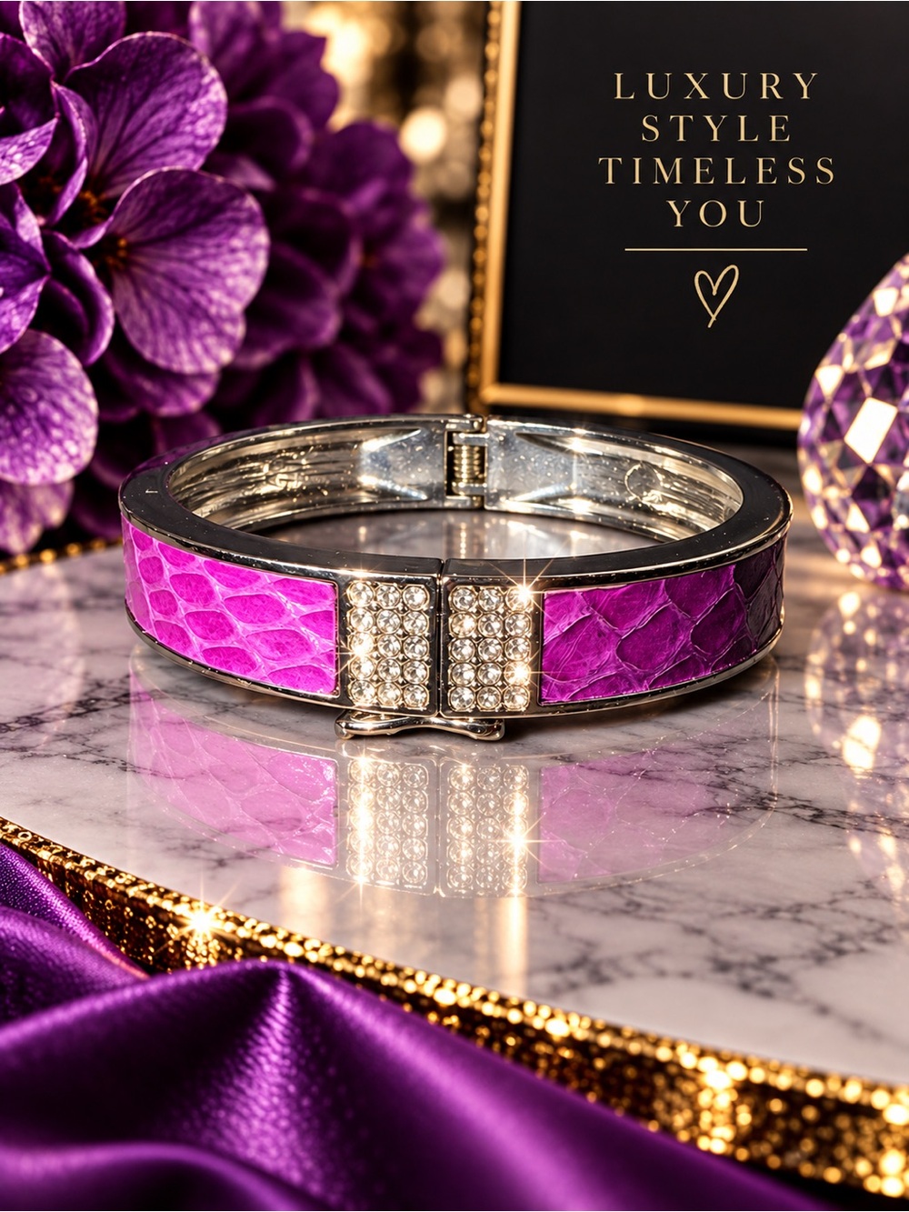 Pink Snakeskin Print Rhinestone Silver Tone Hinged Bangle Bracelet